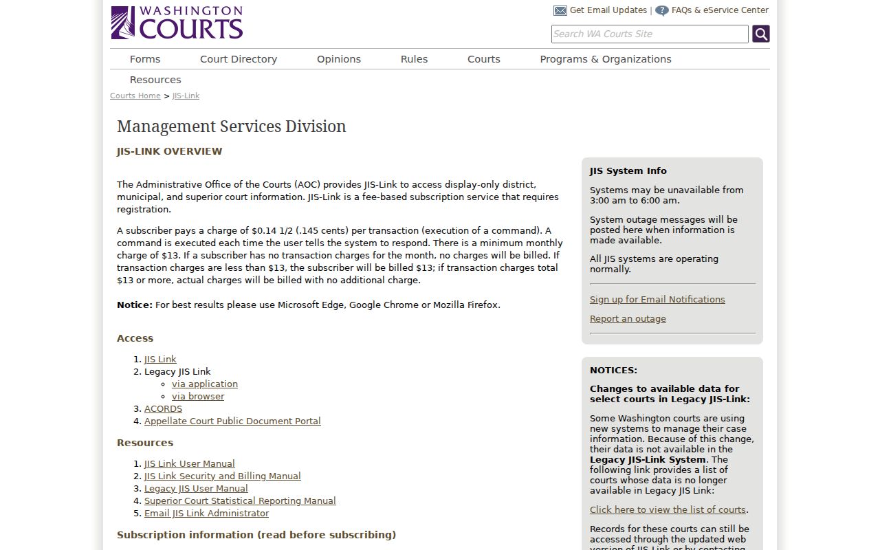 Whitman County criminal court cases JIS-Link service