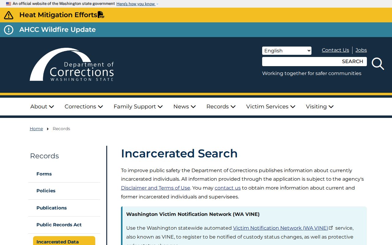 Whitman County criminal history Washington DOC custody search
