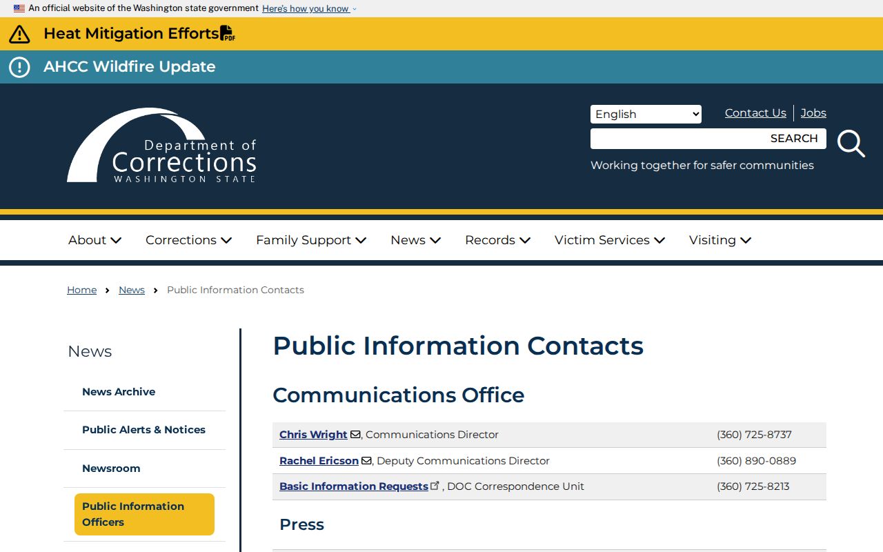 Palouse criminal custody records through Washington DOC public information contacts